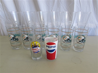 FOOTBALL THEMED "PEPSI" GLASSES, PLUS OTHERS