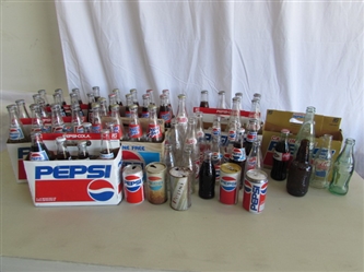COLLECTIONS OF MOSTLY "PEPSI" BOTTLES & CANS PLUS A FEW OTHER BOTTLES