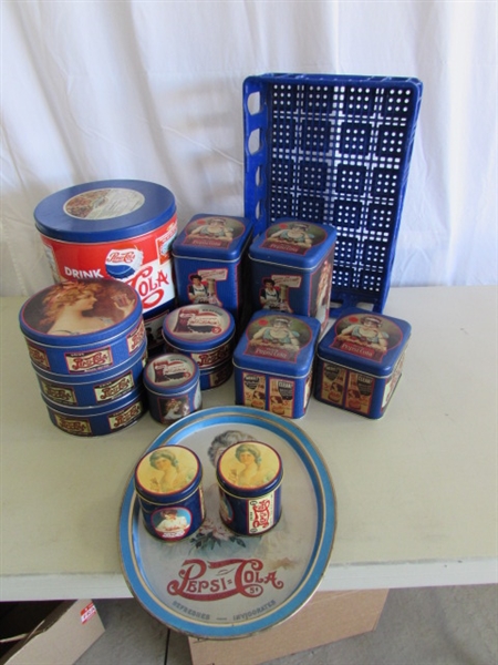 PEPSI-COLA TINS, TRAY & PLASTIC CRATE