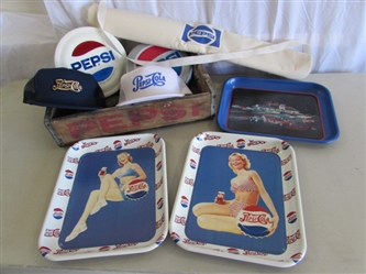 "PEPSI-COLA" WOODEN CRATE, TIN TRAYS, CAPS & MORE