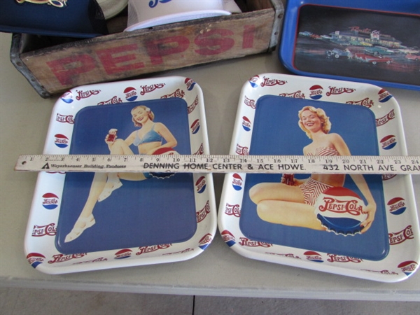 PEPSI-COLA WOODEN CRATE, TIN TRAYS, CAPS & MORE