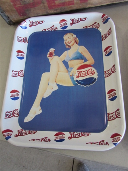 PEPSI-COLA WOODEN CRATE, TIN TRAYS, CAPS & MORE