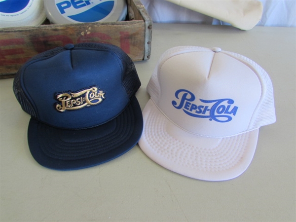 PEPSI-COLA WOODEN CRATE, TIN TRAYS, CAPS & MORE