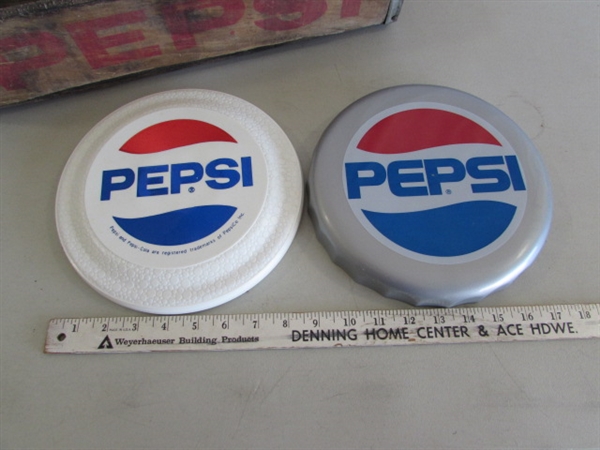 PEPSI-COLA WOODEN CRATE, TIN TRAYS, CAPS & MORE