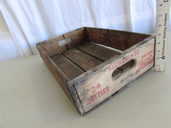 PEPSI-COLA WOODEN CRATE, TIN TRAYS, CAPS & MORE