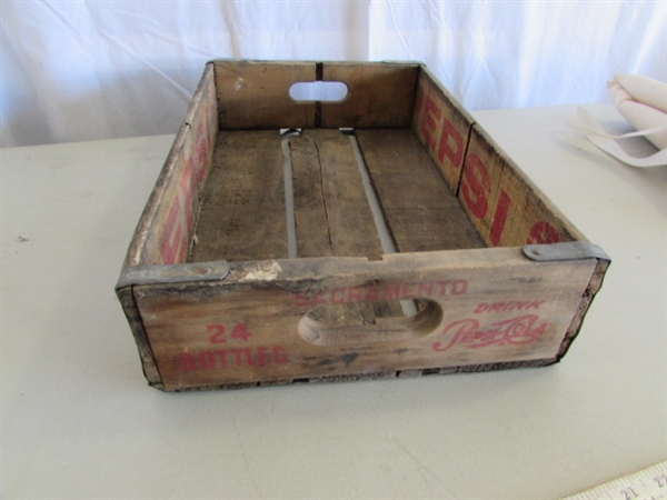 PEPSI-COLA WOODEN CRATE, TIN TRAYS, CAPS & MORE