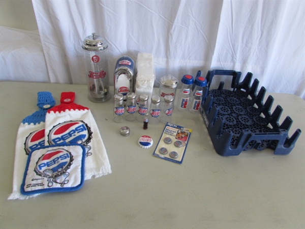 PLASTIC PEPSI-COLA CRATE, TOWELS, SALT & PEPPER SHAKERS, STRAW DISPENSER & MORE