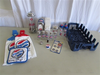 PLASTIC "PEPSI-COLA" CRATE, TOWELS, SALT & PEPPER SHAKERS, STRAW DISPENSER & MORE
