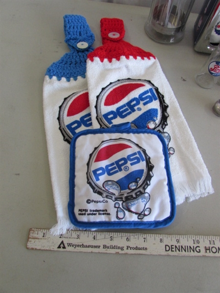 PLASTIC PEPSI-COLA CRATE, TOWELS, SALT & PEPPER SHAKERS, STRAW DISPENSER & MORE