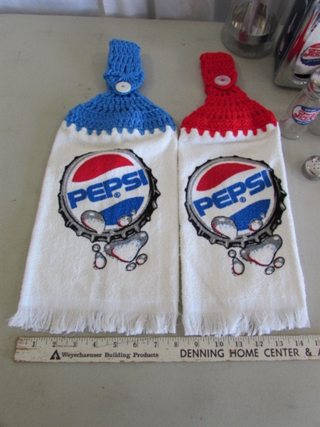 PLASTIC PEPSI-COLA CRATE, TOWELS, SALT & PEPPER SHAKERS, STRAW DISPENSER & MORE