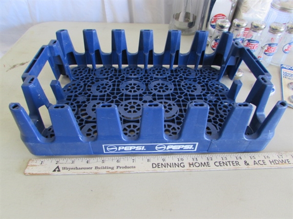 PLASTIC PEPSI-COLA CRATE, TOWELS, SALT & PEPPER SHAKERS, STRAW DISPENSER & MORE