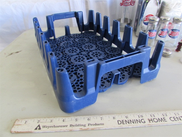 PLASTIC PEPSI-COLA CRATE, TOWELS, SALT & PEPPER SHAKERS, STRAW DISPENSER & MORE