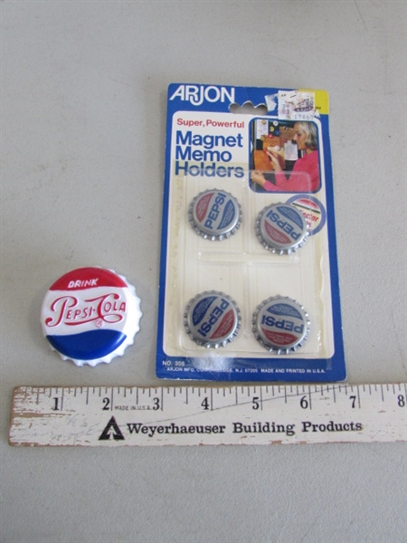 PLASTIC PEPSI-COLA CRATE, TOWELS, SALT & PEPPER SHAKERS, STRAW DISPENSER & MORE