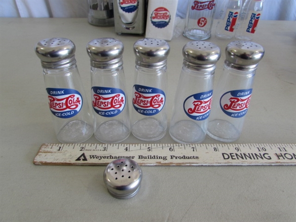 PLASTIC PEPSI-COLA CRATE, TOWELS, SALT & PEPPER SHAKERS, STRAW DISPENSER & MORE