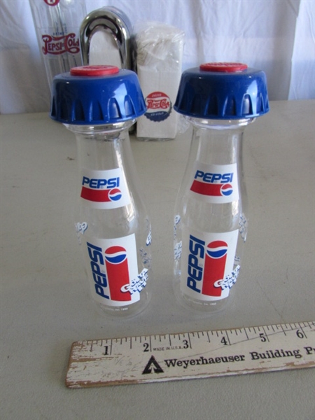 PLASTIC PEPSI-COLA CRATE, TOWELS, SALT & PEPPER SHAKERS, STRAW DISPENSER & MORE