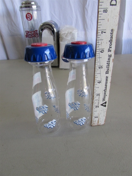 PLASTIC PEPSI-COLA CRATE, TOWELS, SALT & PEPPER SHAKERS, STRAW DISPENSER & MORE