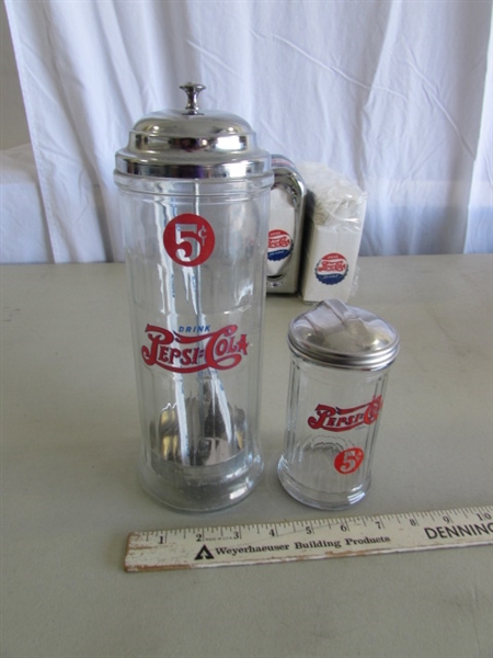 PLASTIC PEPSI-COLA CRATE, TOWELS, SALT & PEPPER SHAKERS, STRAW DISPENSER & MORE