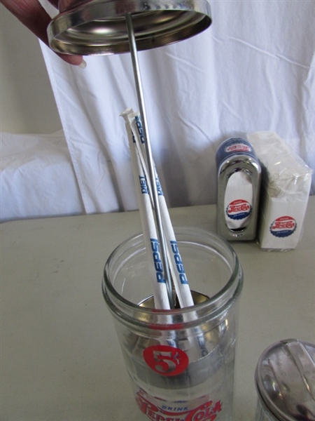 PLASTIC PEPSI-COLA CRATE, TOWELS, SALT & PEPPER SHAKERS, STRAW DISPENSER & MORE
