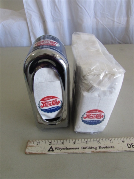 PLASTIC PEPSI-COLA CRATE, TOWELS, SALT & PEPPER SHAKERS, STRAW DISPENSER & MORE