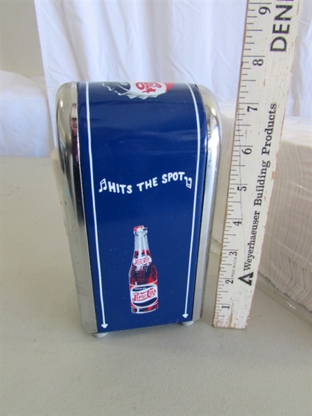 PLASTIC PEPSI-COLA CRATE, TOWELS, SALT & PEPPER SHAKERS, STRAW DISPENSER & MORE