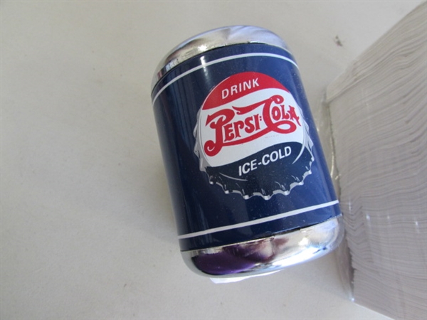 PLASTIC PEPSI-COLA CRATE, TOWELS, SALT & PEPPER SHAKERS, STRAW DISPENSER & MORE