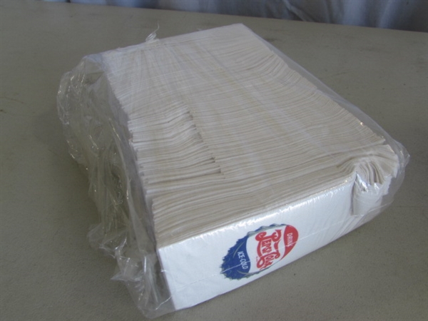 PLASTIC PEPSI-COLA CRATE, TOWELS, SALT & PEPPER SHAKERS, STRAW DISPENSER & MORE