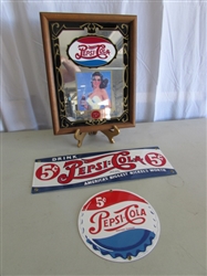 2 "PEPSI-COLA" PORCELAIN ENAMELED SIGNS (NOT OLD) & WALL MIRROR