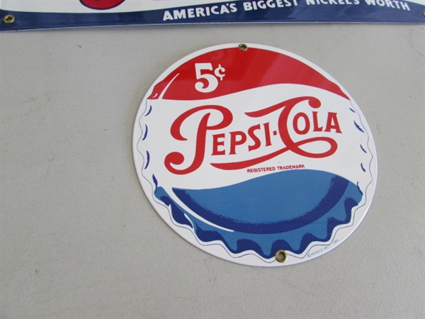 2 PEPSI-COLA PORCELAIN ENAMELED SIGNS (NOT OLD) & WALL MIRROR
