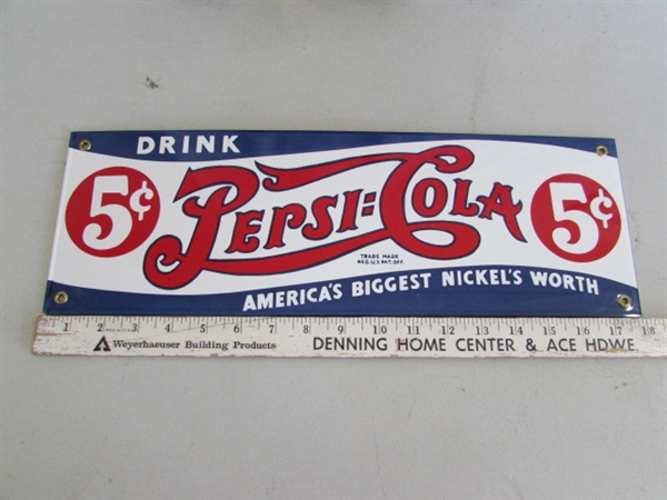 2 PEPSI-COLA PORCELAIN ENAMELED SIGNS (NOT OLD) & WALL MIRROR