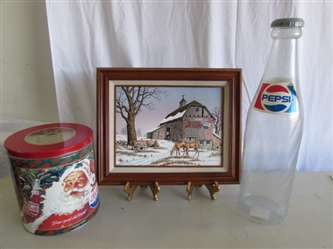 "PEPSI-COLA" FRAMED PRINT, CHRISTMAS TIN & LARGE COIN BANK