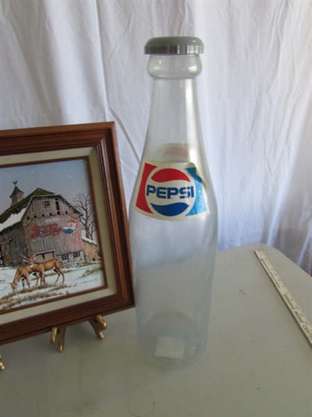 PEPSI-COLA FRAMED PRINT, CHRISTMAS TIN & LARGE COIN BANK