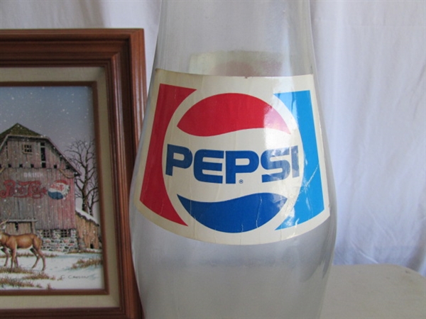 PEPSI-COLA FRAMED PRINT, CHRISTMAS TIN & LARGE COIN BANK