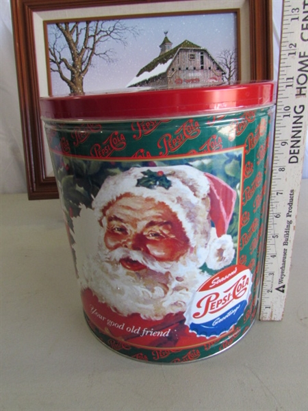PEPSI-COLA FRAMED PRINT, CHRISTMAS TIN & LARGE COIN BANK