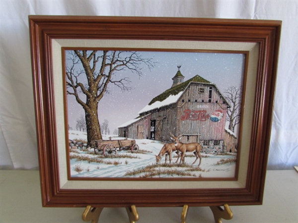 PEPSI-COLA FRAMED PRINT, CHRISTMAS TIN & LARGE COIN BANK