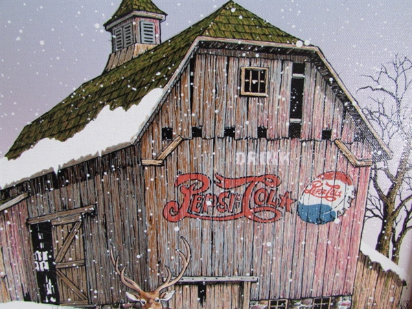 PEPSI-COLA FRAMED PRINT, CHRISTMAS TIN & LARGE COIN BANK