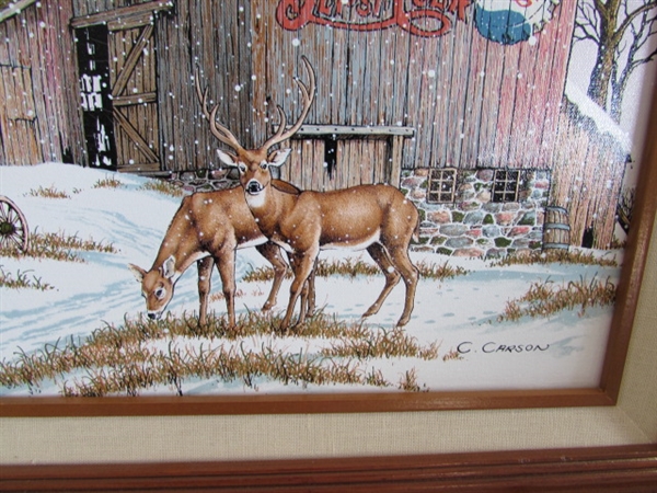 PEPSI-COLA FRAMED PRINT, CHRISTMAS TIN & LARGE COIN BANK