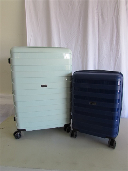 3 HARDSHELL 360 DEGREE ROLLING SUITCASES W/PLASTIC PROTECTIVE COVERS