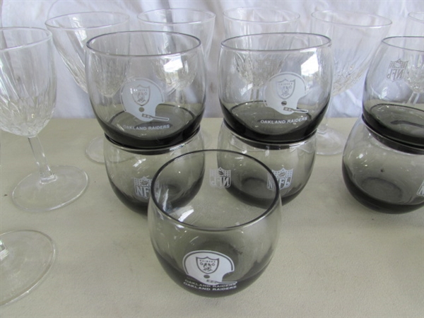VINTAGE SMOKED ROLY POLY NFL GLASSES - RAIDERS & 49ers, CRYSTAL STEMWARE & MORE