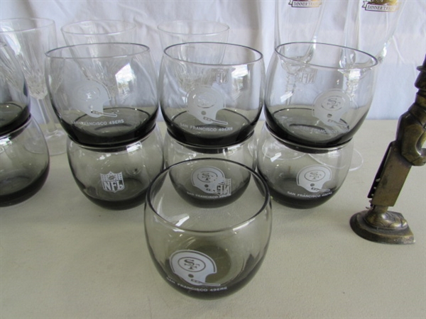VINTAGE SMOKED ROLY POLY NFL GLASSES - RAIDERS & 49ers, CRYSTAL STEMWARE & MORE