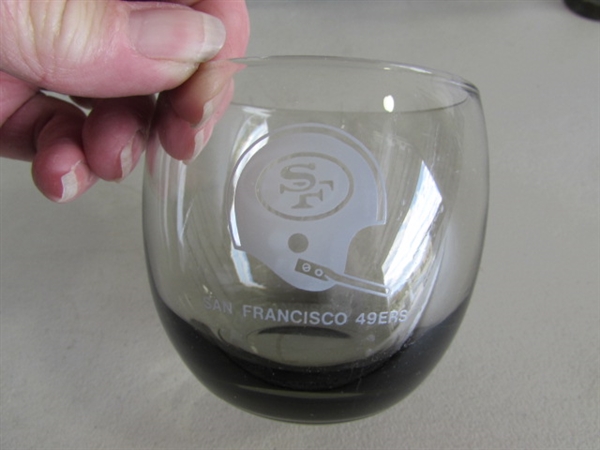 VINTAGE SMOKED ROLY POLY NFL GLASSES - RAIDERS & 49ers, CRYSTAL STEMWARE & MORE