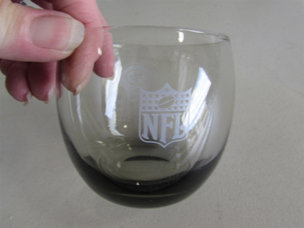 VINTAGE SMOKED ROLY POLY NFL GLASSES - RAIDERS & 49ers, CRYSTAL STEMWARE & MORE