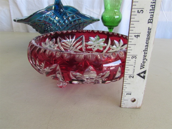 VINTAGE CRANBERRY LEAD CRYSTAL BOWL, MCM ITALIAN STEMMED VASE & BLUE CARNIVAL GLASS BASKET (1970'S)