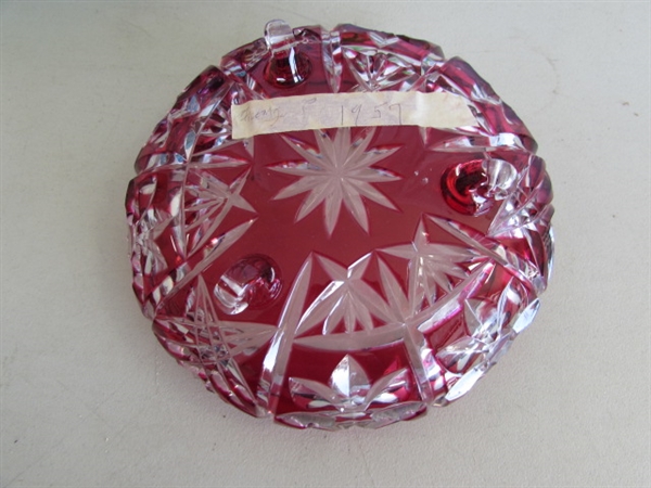 VINTAGE CRANBERRY LEAD CRYSTAL BOWL, MCM ITALIAN STEMMED VASE & BLUE CARNIVAL GLASS BASKET (1970'S)