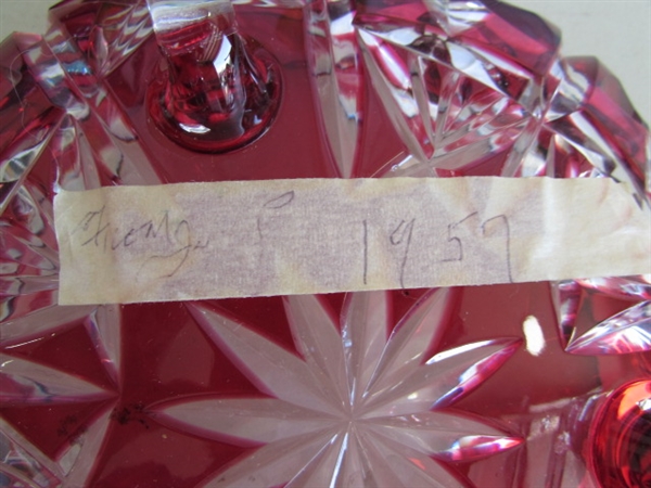 VINTAGE CRANBERRY LEAD CRYSTAL BOWL, MCM ITALIAN STEMMED VASE & BLUE CARNIVAL GLASS BASKET (1970'S)