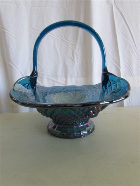 VINTAGE CRANBERRY LEAD CRYSTAL BOWL, MCM ITALIAN STEMMED VASE & BLUE CARNIVAL GLASS BASKET (1970'S)