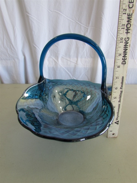 VINTAGE CRANBERRY LEAD CRYSTAL BOWL, MCM ITALIAN STEMMED VASE & BLUE CARNIVAL GLASS BASKET (1970'S)