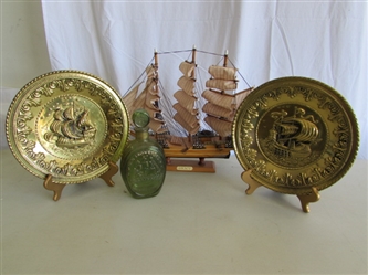 VINTAGE TIN "SHIP" WALL PLATES, MODEL SHIP & BOTTLE W/EMBOSSED SHIP