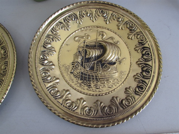 VINTAGE TIN SHIP WALL PLATES, MODEL SHIP & BOTTLE W/EMBOSSED SHIP