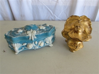 VINTAGE INCOLAY STONE TRINKET BOX & GOLD TONE TRINKET BOX