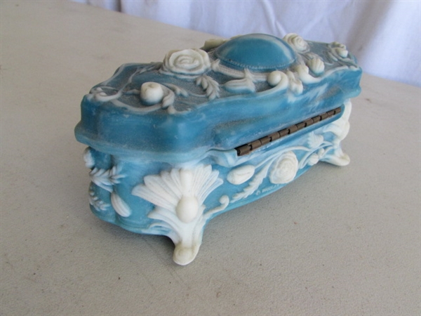 VINTAGE INCOLAY STONE TRINKET BOX & GOLD TONE TRINKET BOX